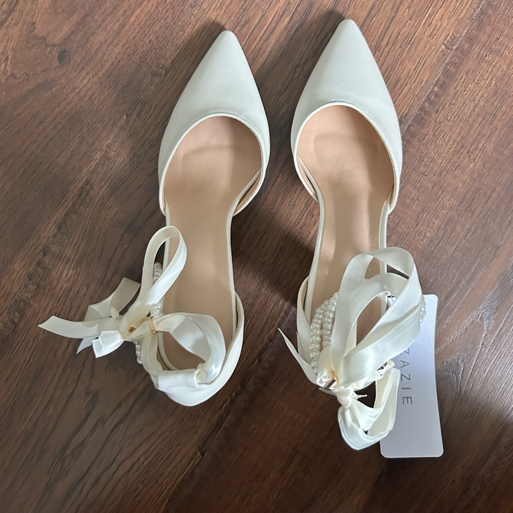 Azazie PEARL BOW ANKLE STRAP PUMPS - Picture 4 of 11